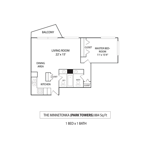 1 Bedroom 1 Bath 884 Sq. Ft. | The Minnetonka Floor Plan at Park Towers, Minnesota, 55416